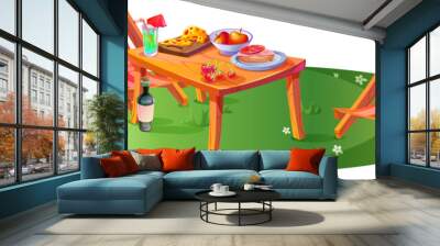 Cute outdoor picnic setup with food on table and two lounge chairs on green grass with daisy flowers. Cartoon vector spring or summer outside dinning with sandwich and vegetables, fruits and cocktail. Wall mural