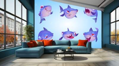 Cute shark cartoon character, funny fish mascot. Underwater animal with kawaii muzzle express emotions smiling, unhappy, confused, crazy, surprised and angry. Wild toothy predator, isolated vector set Wall mural