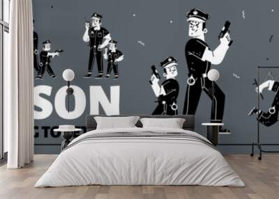 Dad and son in policeman costume work together. Father police officer and boy with cap, baton, gun and handcuffs, vector black and white hand drawn illustration Wall mural