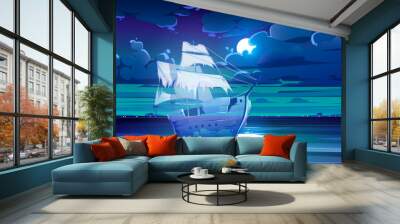 Dark night sea and moon in cloud sky illustration Wall mural