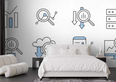 Data analysis icons, research of business, finance or science information. Vector doodle set with charts, diagrams on computer screen, magnifying glass, gear and document Wall mural