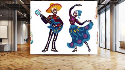 Day of the dead, Dia de los muertos characters dancing Catrina or mariachi musician skeletons and sugar skulls decorated with Mexican elements. Halloween holiday party, Cartoon vector illustration Wall mural