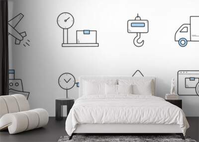 Delivery and shipping service doodle icons. Vector linear signs ship, open box, parcel, map pin, airplane, post scales, truck and hook, desktop, calendar and magnifying glass, international logistics Wall mural