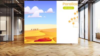 Desert landscape with Egyptian pyramids and camels on sand dunes. Parallax background with layers for animation scrolling effect. Vector cartoon illustration of desert with pharaoh tombs and caravan Wall mural