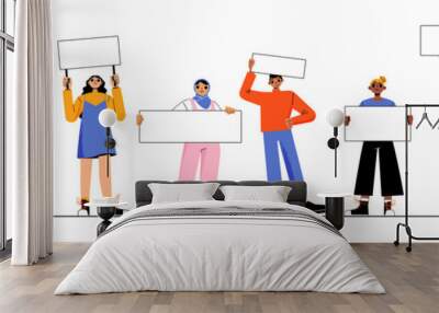 Different people with white banners and placards. Vector flat illustration of multiracial and multicultural group of characters with blank posters. African american, arab girls and men, lgbt person Wall mural