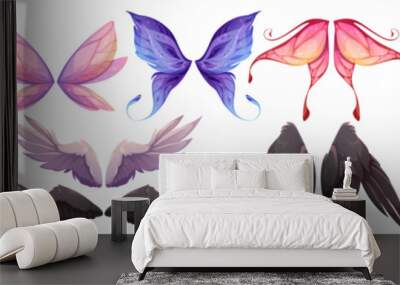 Different wings of fairy, butterfly, bird, angel with black and white feathers. Vector cartoon set of wings pairs of magic and fantasy characters and animals isolated on white background Wall mural