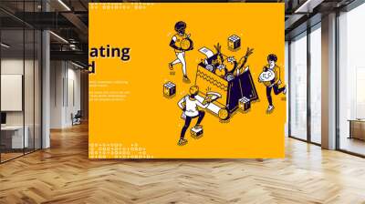 Donating food banner. Charity aid for homeless and hunger. Volunteers donate with nutrition products. Vector landing page with isometric people filling box by grocery and food Wall mural