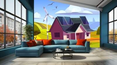 Eco friendly power generation, green energy concept. House with solar panels on roof and wind turbines. Vector cartoon landscape with modern cottage and windmills Wall mural