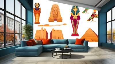 Egypt landmarks and deities set. Ancient egyptian pyramid, sphinx, pharaoh sarcophagus, world famous Obelisk in Temple of Karnak, god Ra. Tourist attraction architecture, Cartoon vector illustration Wall mural