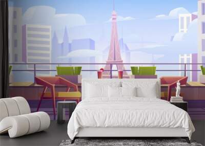 Eiffel tower view from big balcony or roof top with cocktail in glass on table and couple of chairs. Cartoon vector illustration of romantic holiday in Paris. French cafe terrace in famous landscape. Wall mural