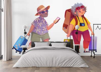 Elderly couple tourist character travel with luggage, backpack and phone illustration set. Man hold mobile phone and walking with bag. Old woman with camera go to leisure vacation isolated icon. Wall mural