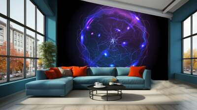 Electric ball or plasma sphere, realistic vector illustration. Abstractt ball lightning with burning rays or powerful electric discharges isolated on black background. Magical energy design element Wall mural