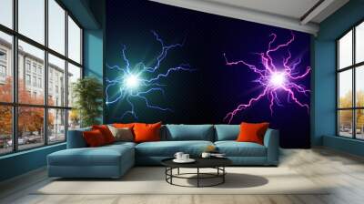 Electric balls, round lightnings, blue and purple thunderbolt circles. Magic energy strikes, plasmic spheres, powerful electrical isolated discharge, glowing dazzle, Realistic 3d vector illustration Wall mural