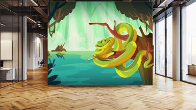 Exotic tropical snake on tree in jungle with pond. Vector cartoon illustration of rainforest landscape with river or swamp with water lily and Trimeresurus Salazar, green and yellow serpent Wall mural