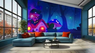 Fairy forest wonderland with magic tiny house with mushrooms for gnomes or elves at night. Cartoon vector fantasy landscape with cute tale or game home for little inhabitants with light in windows. Wall mural