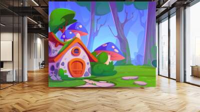 Fairytale forest house cartoon vector background. Fantasy magic countryside hut nature landscape with mushroom on roof. Summer park in fantacy woodland with fairy tale old building between trees. Wall mural