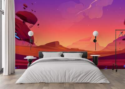 fantastic landscape of alien planet with rocks, flying stones and glowing blue spots. vector cartoon Wall mural