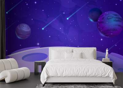 Fantasy alien planets and meteors in outer space. Moon surface landscape with craters, stars, planets, comets and asteroids in dark sky, vector cartoon illustration Wall mural