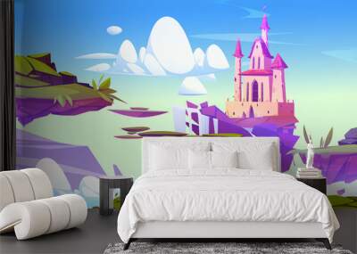 Fantasy summer landscape with magic pink castle and floating islands. Vector cartoon illustration with ground pieces with royal palace, green grass and waterfall flying in sky Wall mural