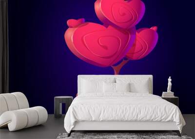 Fantasy tree with hearts shape crown for ui game about alien magic world. Vector cartoon fantastic red mushroom, unusual romantic tree. Illustration of fantastic plant Wall mural