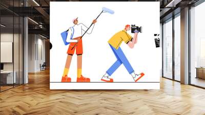 Film crew, movie production studio staff with camera, microphone and clapper. Vector flat illustration of people filmmakers, director, cameraman and assistants Wall mural