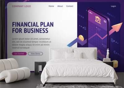 Financial plan isometric landing page. Mobile phone application with growing bonds investment graphic or chart. Business marketing company strategy and planning, finance analytic, 3d vector web banner Wall mural