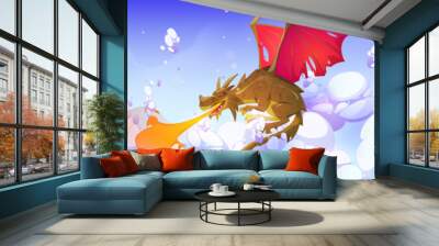 Fire breathing dragon flying in sky. Fairy tale scary monster from medieval mythology, magic green beast with red wings exhaling flame in sky with white clouds, fantasy vector cartoon illustration Wall mural