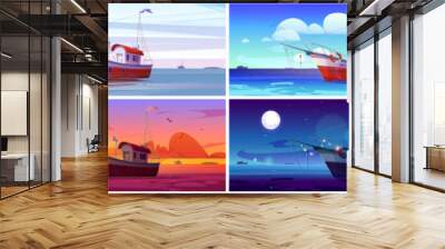 Fish trawler boat in sea vector marine background. Commercial fishery ship with lifebuoy in ocean water cartoon vector illustration. Adventure game for catching fish, day and night, morning and sunset Wall mural