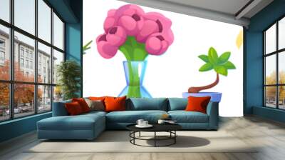 Flower pot and vase with plant cartoon vector. Cute flowerpot with tropical tree and peony bouquet for interior design. Spring floral blossom and foliage ficus object for indoor office shelve Wall mural