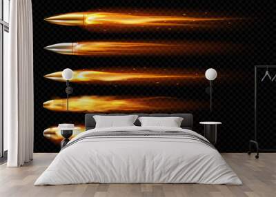 Flying bullets with fire and smoke traces. Vector realistic set of fired bullets different calibers fired from weapon, gun or pistol with smoke trail isolated on transparent background Wall mural