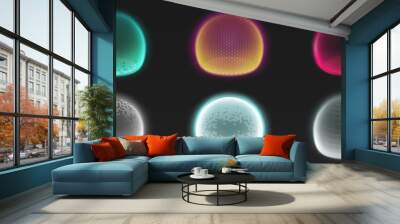 Force shield bubbles, energy glowing spheres or defense dome fields. Science fiction various deflector elements, firewall absolute protection isolated on black background, Realistic 3d vector set Wall mural