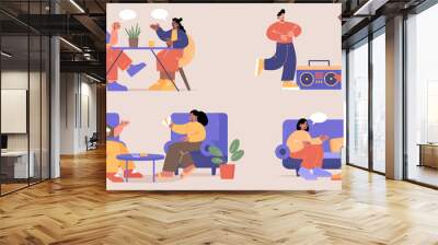 Friends meeting for hobby, play card game, talking, drink tea or coffee together. Vector flat illustrations of multiracial people have fun sitting in cafe, on sofa at home and dance Wall mural