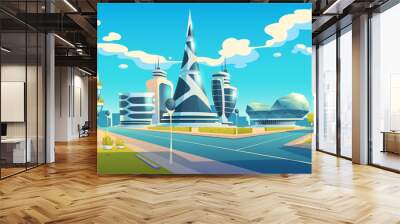 Future city, futuristic glass buildings of unusual shapes and green plants along empty road. Modern architecture towers and skyscrapers. Alien urban dwellings design, Cartoon vector illustration Wall mural