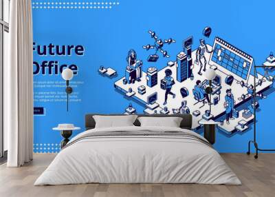 Future office isometric landing page. Human and ai robots work together. Robotic employees with people in futuristic workplace. Cyborgs automation artificial intelligence 3d vector line art web banner Wall mural