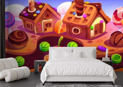 Game level map of fantasy sweet world with chocolate river, gingerbread houses, cakes and lollipops. Vector cartoon illustration for mobile game background with candies and desserts Wall mural