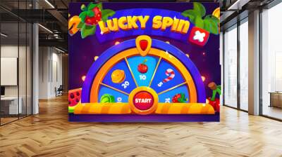 Game lucky spin wheel banner with lottery to win. Casino roulette vector background for mobile app with close button. Golden circle gamble icon with chance for winner. Raffle with arrow illustration Wall mural