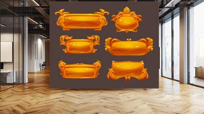 Game ui frames, gold medieval menu elements, buttons or banners with golden ornate rims. Empty royal gui bars for rpg or arcade, glossy borders, web design interface Cartoon 3d vector illustration Wall mural