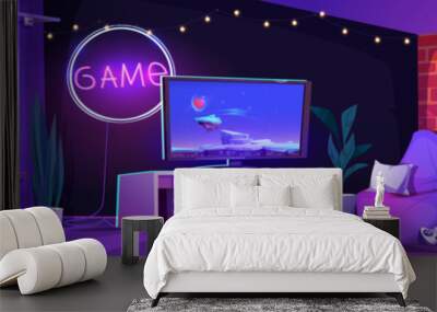 Gamer tournament night cartoon illustration vector. Streamer room interior for video game with console, tv and joystick. Dark online lounge ad design for virtual party in house cyber studio. Wall mural