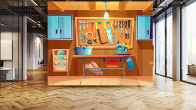 Garage interior with instruments, tools for carpentry and repair works. Empty workshop with mitre saw and toolbox on workbench. Screwdriver, pliers and hammer on wall board Cartoon vector illustration Wall mural