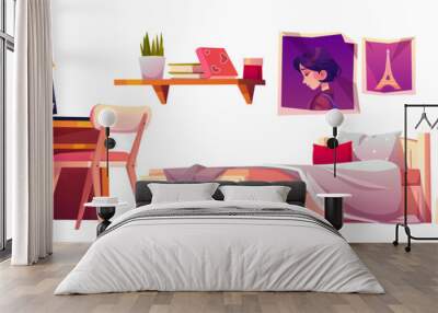 Girl bedroom interior set isolated on white background. Vector cartoon furniture for teenager room, unmade bed, workspace for study with desk and computer, bookshelf, pictures and nightstand Wall mural