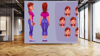 Girl character for animation, side, rear, front view and emotions. Young caucasian woman body and face construction. Avatar with different expressions. Cartoon female personage, Vector illustration Wall mural