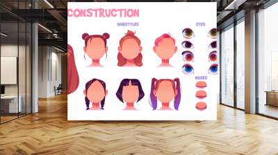 Girl face construction, avatar creation with different head parts isolated on white background. Vector cartoon set of young woman or child eyes, noses, brows and lips. Skin pack for face generator Wall mural