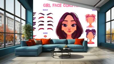 Girl face construction with different hair cuts, lips and noses, eyes and eyebrows. Cartoon vector illustration of young Caucasian woman avatar creation kit. Cute female head diy constructor. Wall mural