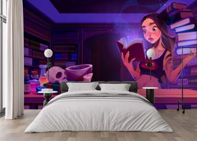 Girl open book in magic school library background. Fantasy interior with bookcase and wizard character reading and study spell. Mystic fairytale legend and woman enchanted with literature at night Wall mural