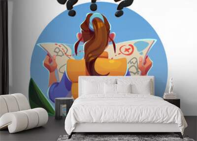 Girl tourist with map lost in travel. Back view of woman character reading map and question marks. Concept of vacation tour, journey, road trip, vector cartoon illustration Wall mural