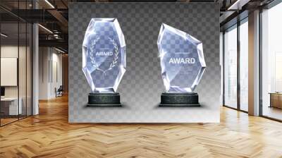 Glass award trophy or winner prize realistic vector illustration. Transparent crystal plate or acrylic diamond frame with laurel wreath on wooden pedestal, isolared front view with light and shadow Wall mural