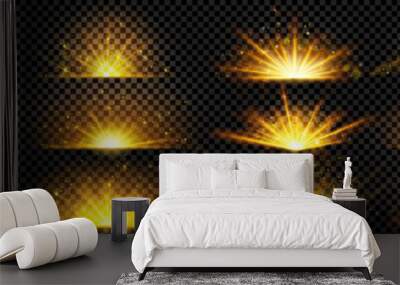 Gold explode glow shine and sun light ray burst vector effect set isolated on transparent background. Magic yellow flare sparkle energy explosion and golden glitter. Sunlight beam and starlight powder Wall mural