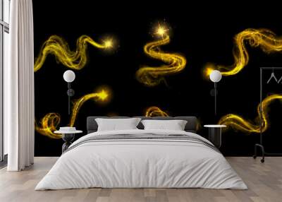 Gold magic glow line effect and neon swirl shine vector. Energy wave with flare and sparkle. Spiral vortex with shiny particle. Hurricane or tornado twist with stardust and beautiful flying trail Wall mural