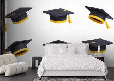 Graduates cap, university or college student hat in different view. Black mortarboard with yellow ribbon and tassel isolated on white background, 3d render illustration Wall mural