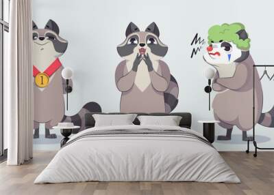 Grey and black racoon cartoon character set. Vector funny amusing wild animal with in different poses - standing proud with winner first place medal, excited and dissatisfied in clown wig and makeup. Wall mural